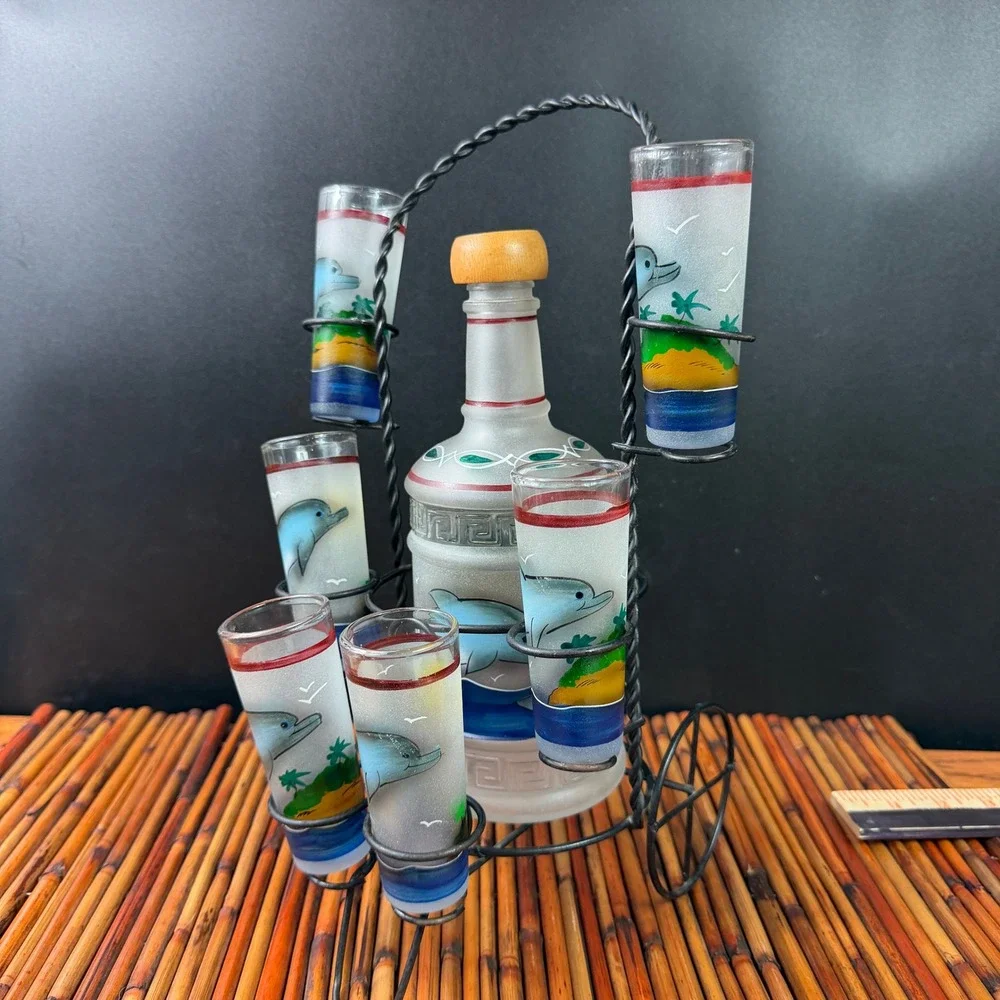 Dolphin Hand painted Decanter Set Rack w 6 shot glasses Island Tequila Tiki Set